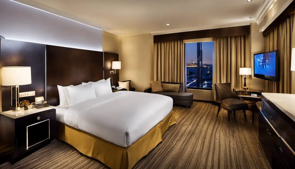 A luxurious hotel room with a comfortable bed and modern amenities.
